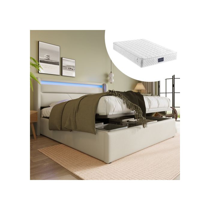 Lit Coffre 140x200 avec LED et Matelas Inclus - Lit Rembourré - Similicuir PU Blanc Sommier à Lattes Grand Rangement