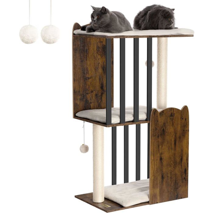 Meilleurs prix pour 3-Tier Modern Arbre à Chat Hauteur 111 cmTour de Jeux pour Chatsavec 2 griffoirs en sisal3 Grande PlateformesPomponsMarron