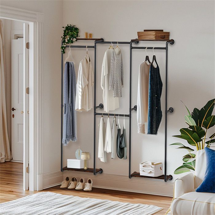 Portant à Vêtement Solide Mural - Tringle Penderie Industriel Double Barre Manteau Porte-Manteau pour Chambre - 185x200cm
