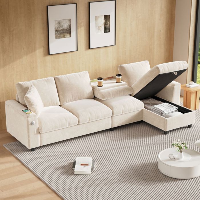 Canapé dangle réversible 4 places en chenille coffre de rangement Table basse pliant avec 2 porte-boissons USB et Type-C beige