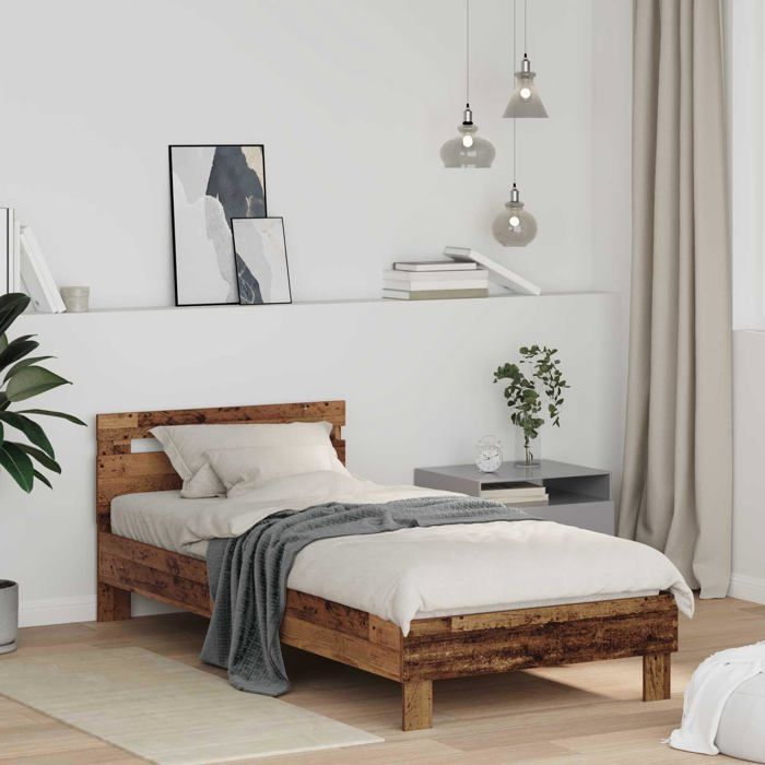 Cadre de lit en bois dingénierie - vidaXL - Bois Ancien - 193x80x70 cm - Cadre à lattes - Tête de lit intégrée