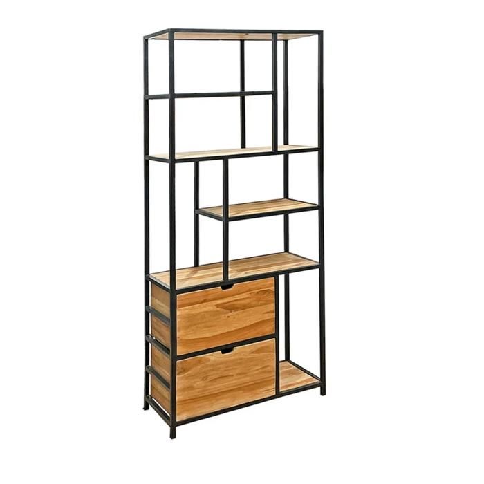 Bibliothèque 190 cm 5 étages 2 tiroirs bois teck et métal – PRIESTLY Meubletmoi Bibliothèque 190 cm 5 étages 2 tiroirs bois teck et métal – PRIESTLY Meubletmoi