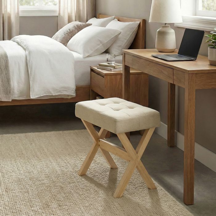 Tabouret de Coiffeuse Rembourré Pied en Bois pour Chambre Dressing Entrée 32 x 42 x 46 cm Beige et Naturel
