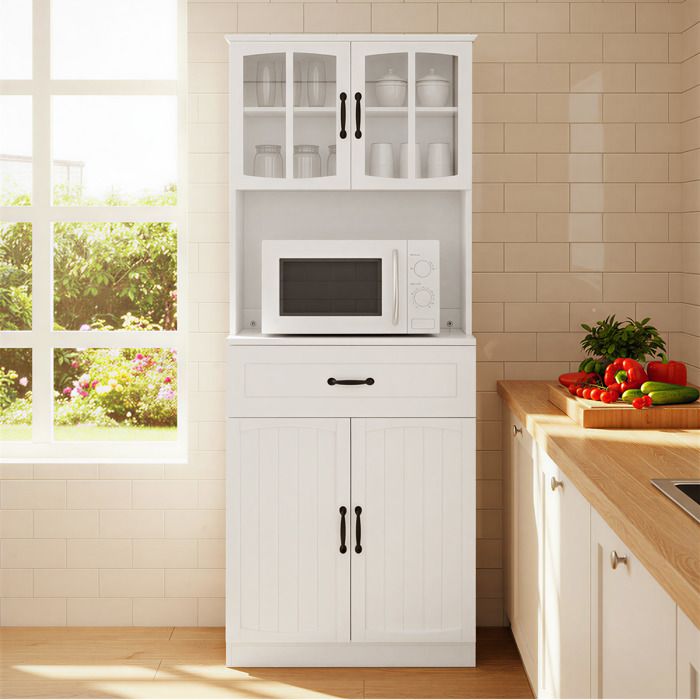 Buffet de cuisine avec Étagères Réglables Portes en Verre pour Micro-ondes Moderne Blanc