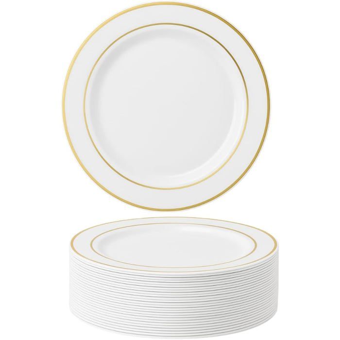 Assiettes en Plastique Blanches à Bordure Dorée - Diamètre 26 cm