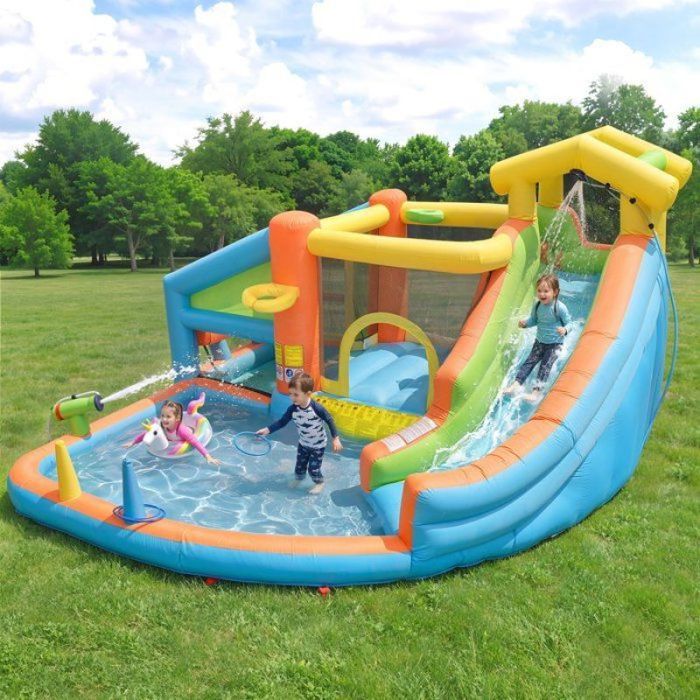 Château Gonflable Enfant Parc Aquatique Avec Souffleur 450 W, Bleu