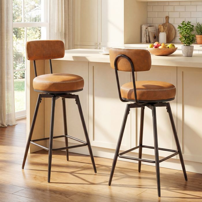 GIANTEX Tabourets de Bar- Lot de 2 Chaises de Bar Rembourrées- Siège Pivotant- Cadre en Métal- Charge 150kg- Salon Cuisine- Marron
