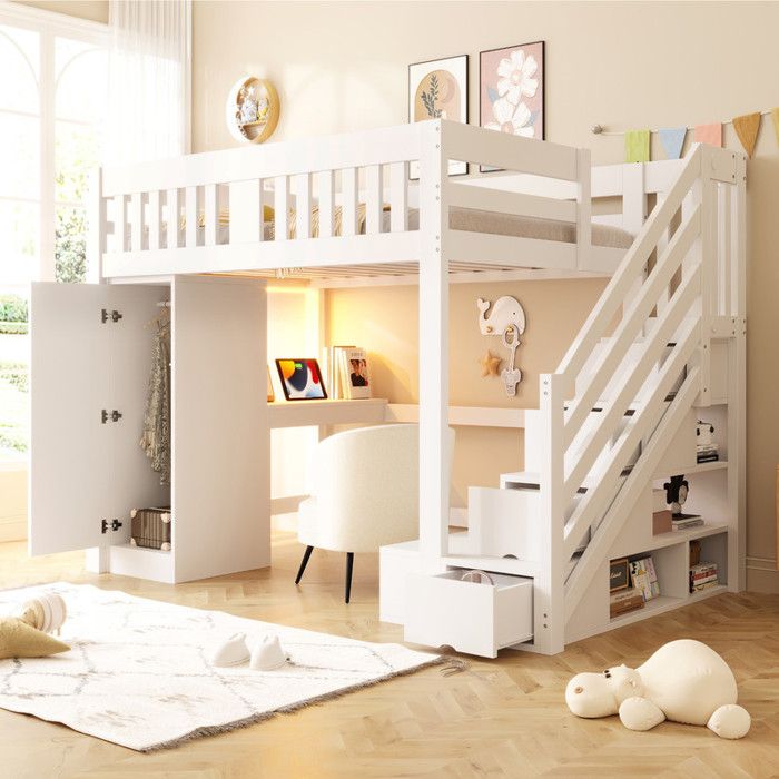 Lit en bois 140 × 200 cm lit mezzanine avec escalier avec rangement bureau LED multicolore armoire simple lit enfant blanc