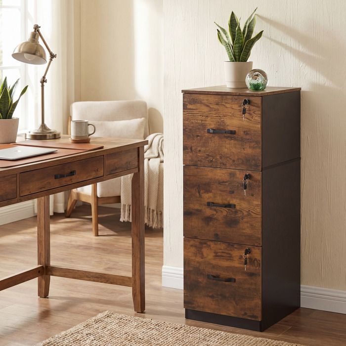 Caisson de Bureau 3 Tiroirs Verrouillables Tringles Réglables Compatible avec Formats A4 Marron