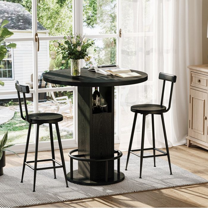 Ensemble Table de bar ronde 80cm avec 2 tabourets rangement intégré et repose-pieds métal panneau de particules noir