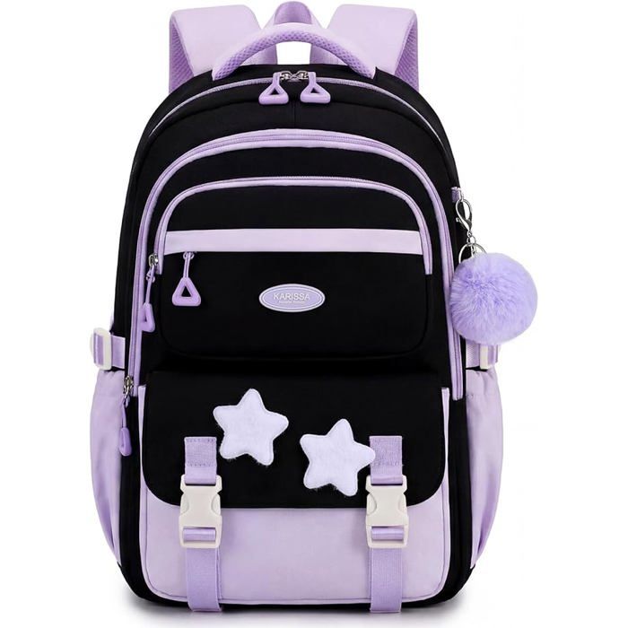 XJYDNCG Cartable Fille Primaire - Imperméable Léger Grande Capacité - 45x31x16cm - Noir Violet