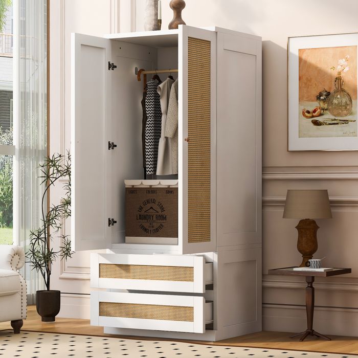 Armoire penderie 70x55x170 cm avec portes rectangulaires effet rotin 2 tiroirs rangement intérieur blanc