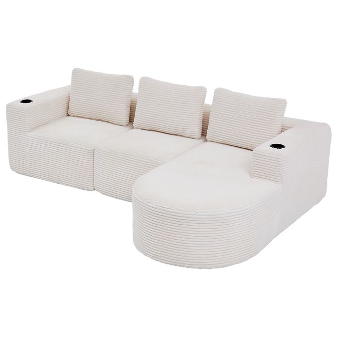 Canapé compressé beige 258 x 171 x 62 5 cm tissu corduroy coussins plume accoudoirs avec porte-gobelet