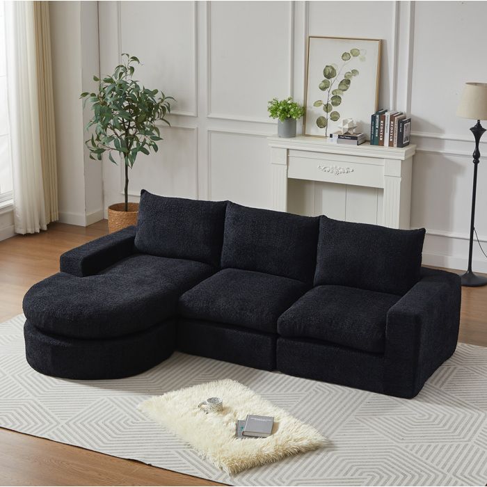 ULEVR canapé d’angle modulaire 3 places en chenille noire 250 x 160 x 80 cm avec méridienne réversible