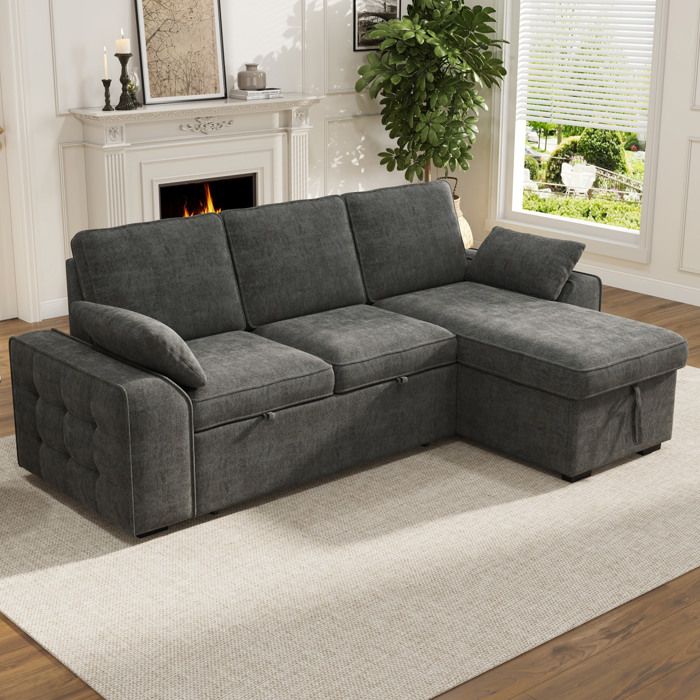 Canapé dangle convertible 3 places avec coffre de rangement porte-gobelets et port USB chenille gris