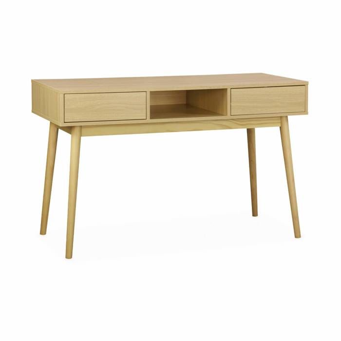 bureau décor bois - mika - 2 tiroirs - 1 casier de rangement - pieds scandinaves - l 120 x l 48 x h 75cm