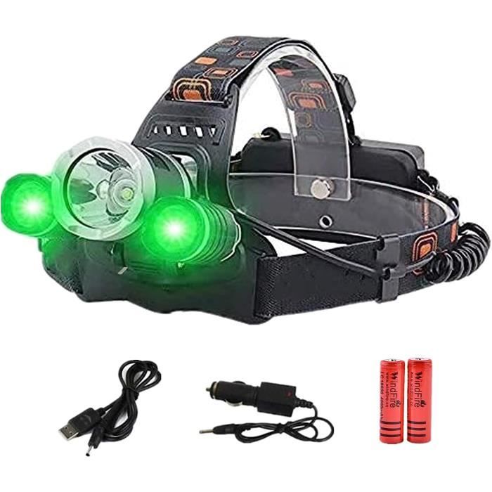 Lampe Frontale LED Verte XM-L T6 80000 Lumens – Rechargeable USB, étanche IPX5, 4 Modes, Pour Chasse, Camping Et Vélo