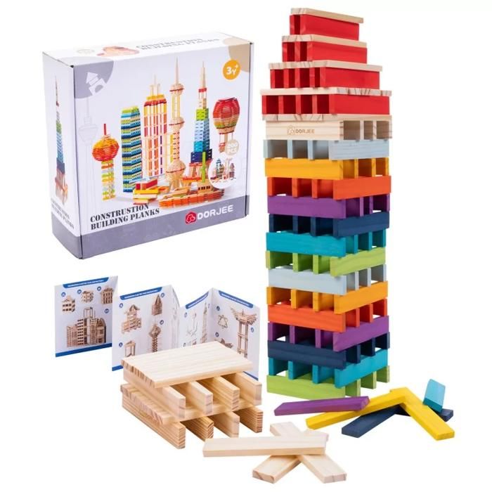 Jeu de Construction Bois Enfant 200 Pièces - DORJEE - Planchettes Multicolores à Empiler - Jeu Éducatif dès 3 Ans