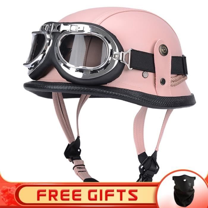 Casque Moto Rétro 1/2 Coque En Cuir - Avec Lunettes UV | Taille 54-60cm