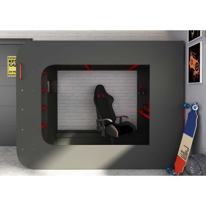 Lit mezzanine - Graham - Avec bureau gamer, tringle à linge et étagères - 90x200 cm - Gris anthracite/rouge