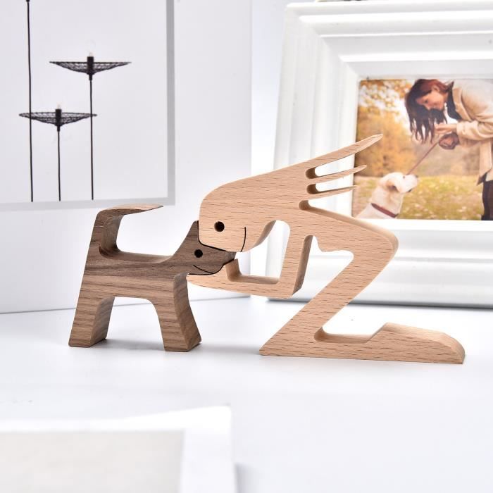 Statuette Homme Et Chien En Bois Sculpté à La Main – Décoration émotionnelle Pour étagère Ou Bureau - 2