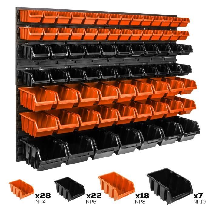 Lot de 75 boîtes XS S et M bacs a bec orange et noir pour système de rangement 115 x 78 cm au garage