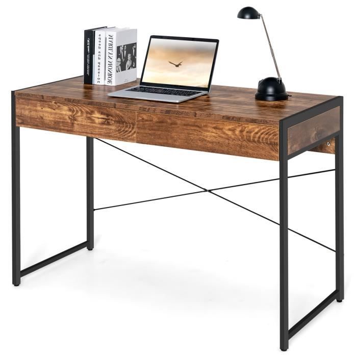 costway bureau informatique - 2 tiroirs, table d'étude - 112 x 48 x 76 cm (l x l x h) -structure en acier, marron rustique