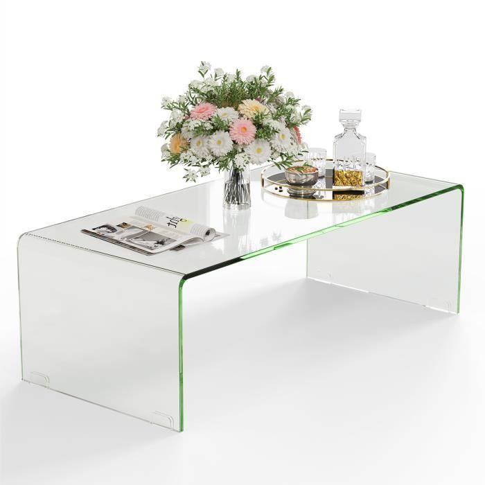 COSTWAY Table Basse Rectangulaire en Verre Trempé 108x50x35 CM Table de Salon en Forme de U avec Bords Arrondis Lisses Charge 30KG