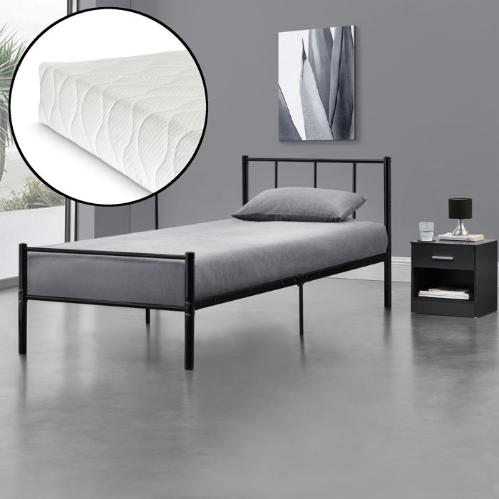 Lit simple Laos avec Matelas et Sommier à Lattes 90 x 200 cm Noir