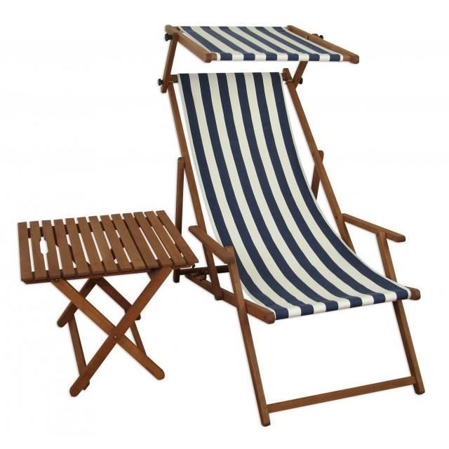 chaise longue rayé bleu et blanc, chilienne, bain de soleil pliant, pare-soleil, table 10-317st