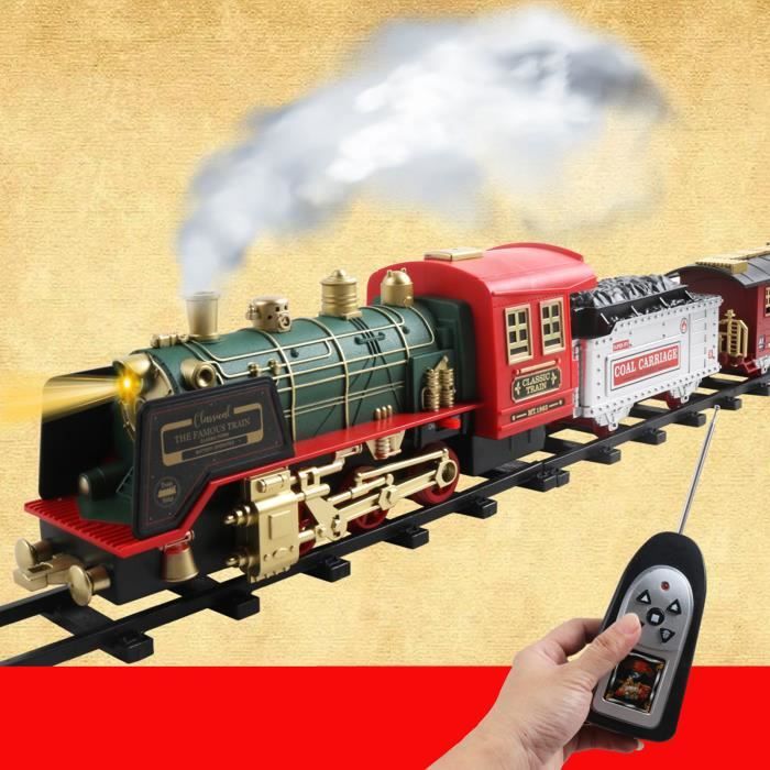 Train électrique Enfant Avec Fumée, Lumières Et Sons - Télécommande, 16 Rails, 4 Wagons - Jouet Et Décoration De Noël