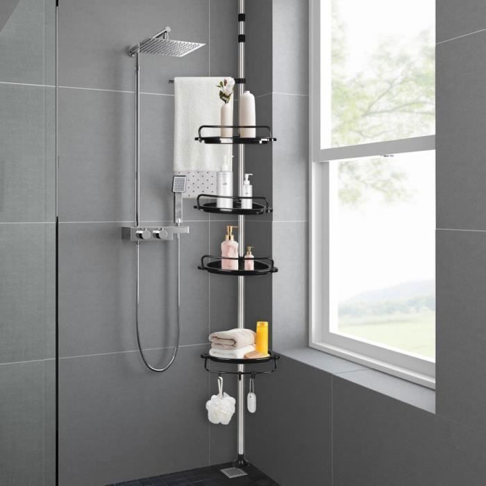 YIYI. ETAGÈRE DANGLE DE DOUCHE TÉLESCOPIQUE AVEC 4 TABLETTES 1 PORTE-SERVIETTES ET 3 CROCHETS - H: 105 - 310CM.
