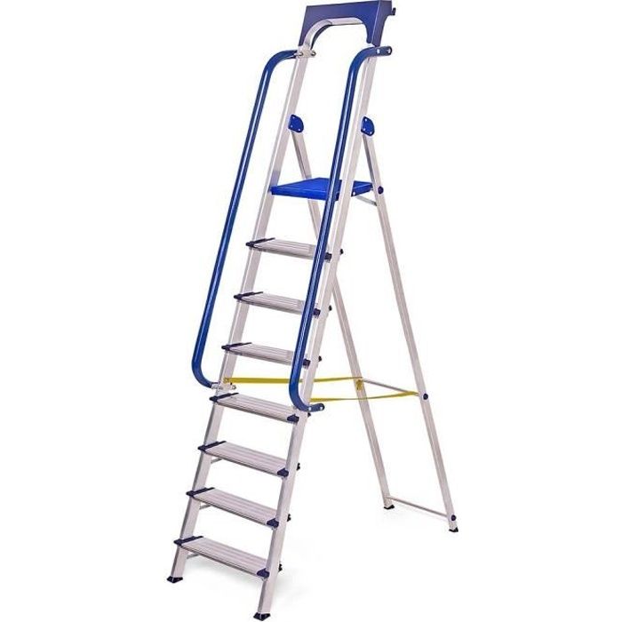 Escabeau 8 marches robuste avec rampes de sécurité, Hoström, échelle en aluminium renforcé, tablette porte-outils amovible