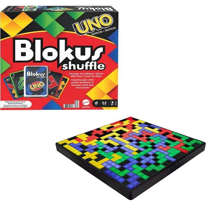 Blokus Shuffle edition UNO, jeu de societe et de strategie avec pieces et cartes, GXV91