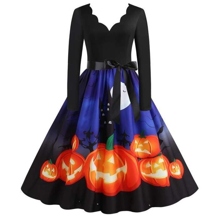 Robe Femme Halloween Citrouille Vintage Imprime Manches Longues Bleu Bleu Cdiscount Pret a Porter