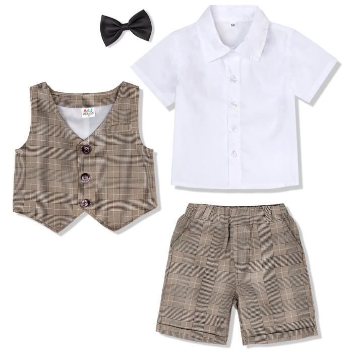 MINTGREEN Ensemble 5 Pieces Bébé Garçon Baptême Costume Cadeau Smoking Blanc Avec Gilet + Noeud