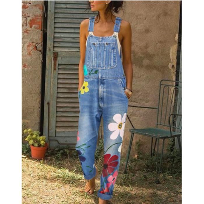 Salopette Femme En Denim Imprimé Floral - Style Décontracté Et Confortable