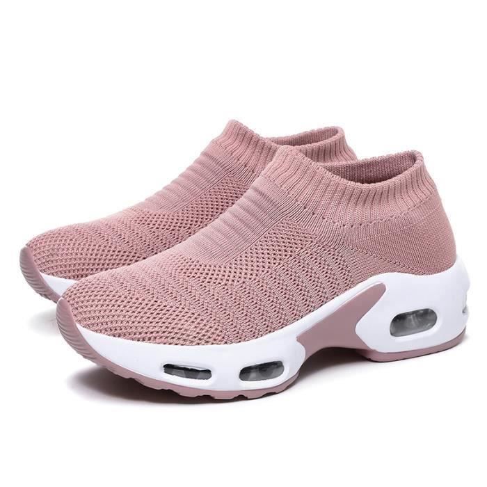 Baskets à Plateforme Femme - Mocassins Enfiler Talon Compensé - Cuir Daim Uni - Semelle épaisse Confortable - Sans Lacets