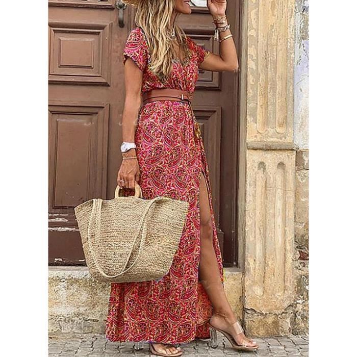 Robe Boheme Femme Dress avec Ceinture Longue Floral Decontractee Grande Taille rouge 1 NS Rouge 1 Cdiscount Pret a Porter