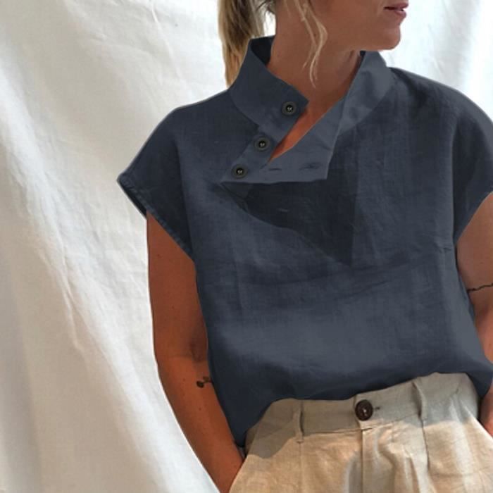 Chemisier Lin Femme Chemisier Femme Qixiu - Rayé Coton/lin - Manches Courtes - Col Guaze - Tendance Chemisiers Femme Chic