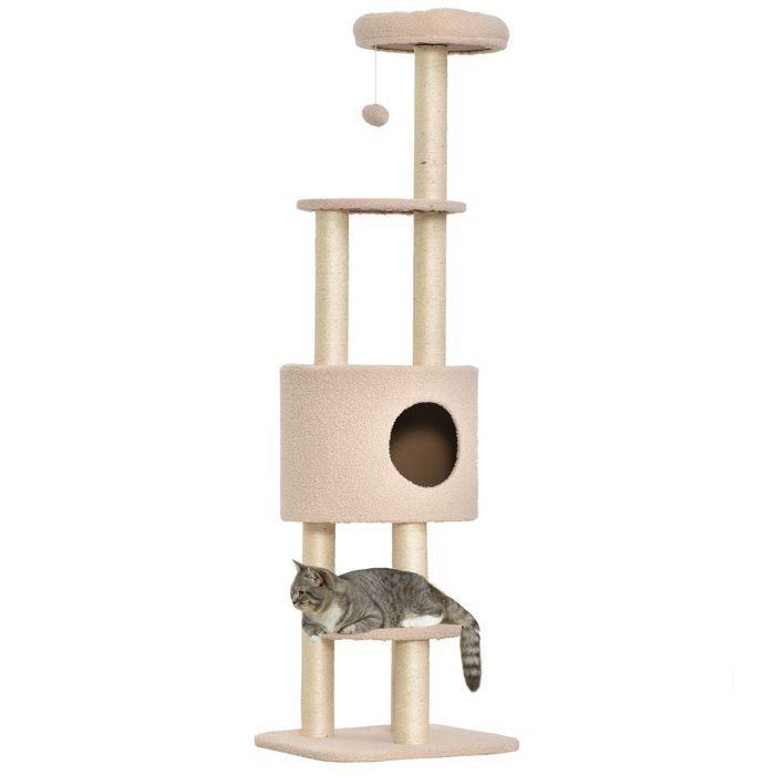 Arbre à chats avec griffoir - PawHut - arbre à grimper avec niche plate-formes peluche haute densité - hauteur 148cm - beige