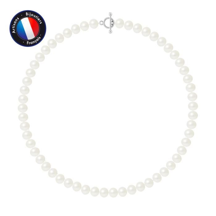 PERLINEA - Collier Perle de Culture d'Eau Douce AAA+ Semi-Ronde 8-9 mm Blanc - Fermoir en T Argent 925 Millièmes - Bijoux Femme