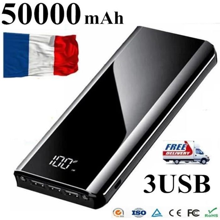 50000mAh 3USB batterie externe portable ultra-mince powerbank pour tous les téléphones mobiles (Noir)