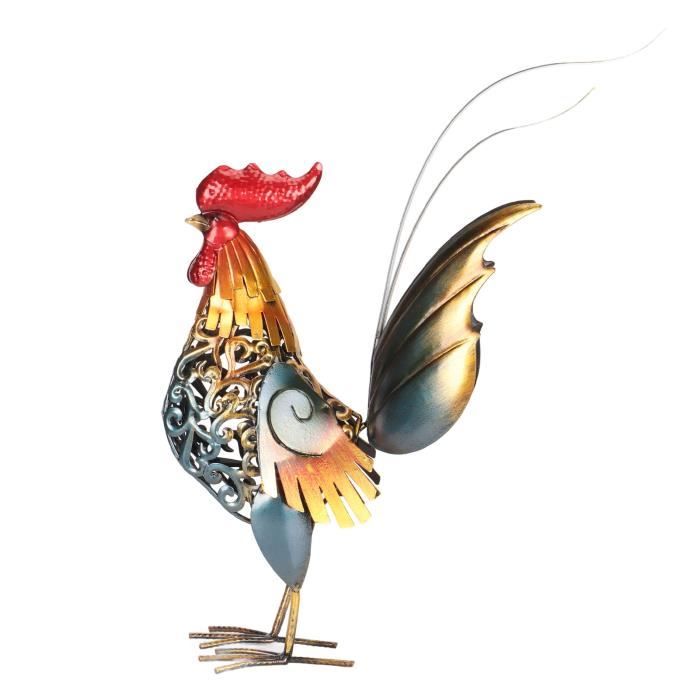 Lot de 2 Figurine de jardin Poule et coq/poule métal décoratif main