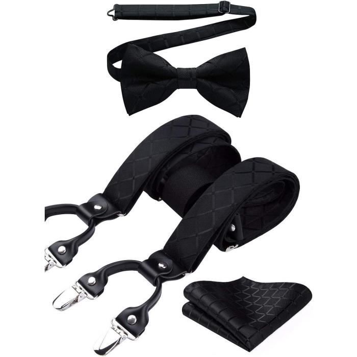 Bretelles + Nœud Papillon Pour Homme - Motif Floral Paisley Réglable, 6 Clips, élastique (noir, Design Assorti)