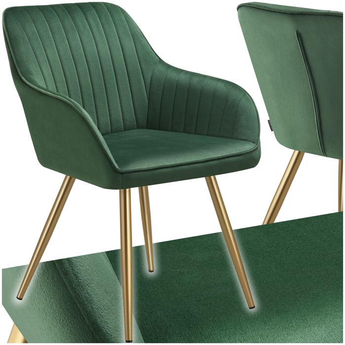 Chaise - TECTAKE - Chaise MARILYN effet velours matelassé rembourrée et pieds acier doré 58 x 62 x 82 cm - Vert foncé/Or