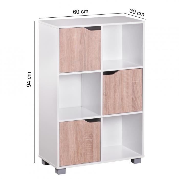 bibliothèque en bois blanc avec portes sonoma chêne - wohnling - 6 étagères - 60x30x90cm