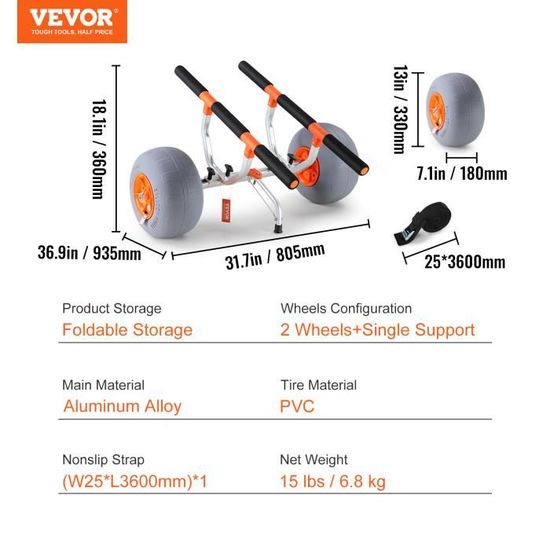Chariot Pour Kayak VEVOR - Largeur Réglable 110-455 Mm, Capacité 127 Kg - Noir/Orange
