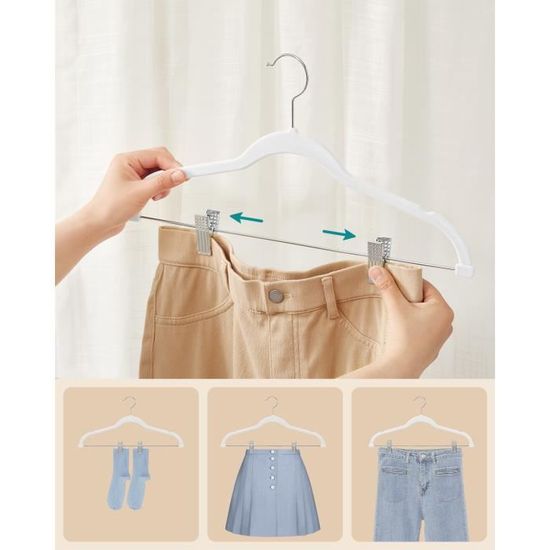 Cintres Pour Pantalons, Lot De 20, En Velours, Longueur 42,5 Cm, Avec Pinces Réglables, Antiglisse, Gain De Place, Blanc - Maison