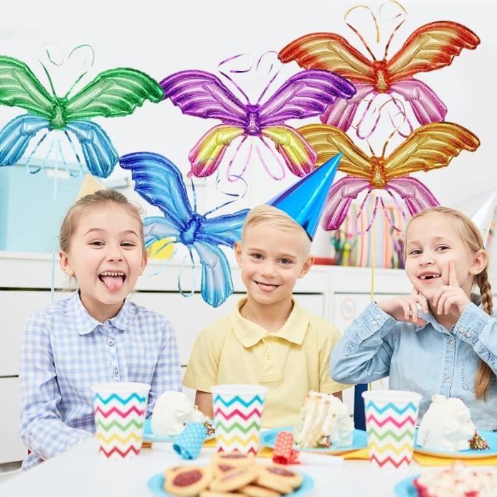 Ballon Papillon Aluminium Multicolore – Jaune, Vert, Rose, Violet, 60x45x25 Cm, Avec Paille Et Ruban